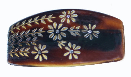 Engraved Barrette Tortoise Shell With Stone 111