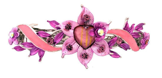 Pink & Purple Flower/Heart Automatic Swarovski Barrette 2841
