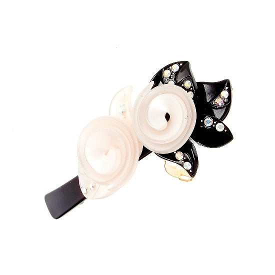 Pearl & Black Roses with Swarovski Crystals on a Tight Barrette 3780